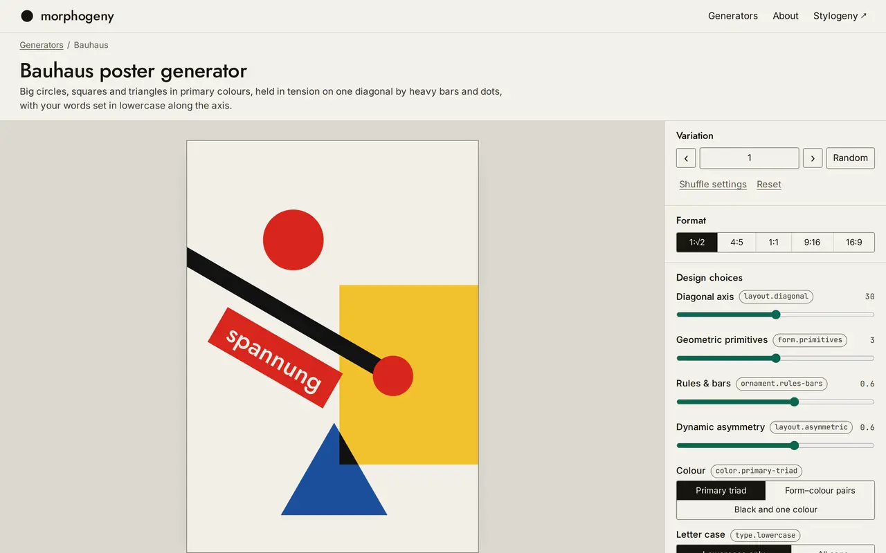 The Morphogeny home page (the Bauhaus poster generator), as it looked when this page was built.