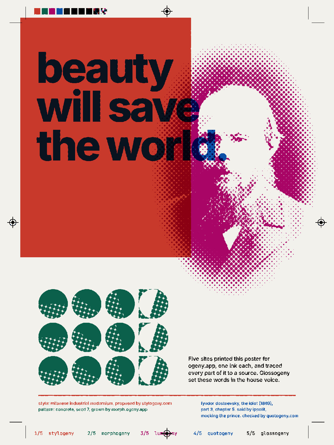 The poster: “beauty will save the world.” in large lower-case type across a red plane, a halftone portrait of Dostoevsky in magenta, and rows of green split discs, with printer’s marks round the sheet.